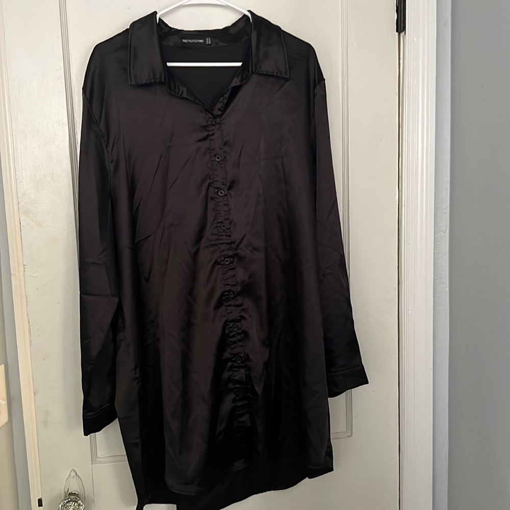 Black satin button down dress